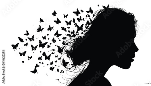 Woman silhouette features a flowing stream of butterflies emerging from her hair to represent transformation and mental freedom in this artistic graphic design.
