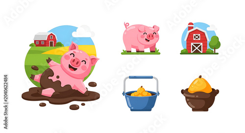 Cute pigs playing in mud with farm icons and food bucket vector set