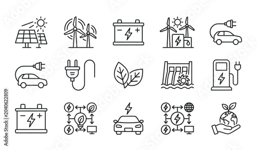 Simple sustainable energy outline icon set with solar wind battery and electric power symbols