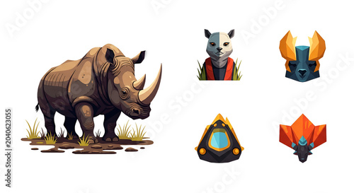 Rhino and abstract animal heads set isolated on a black background
