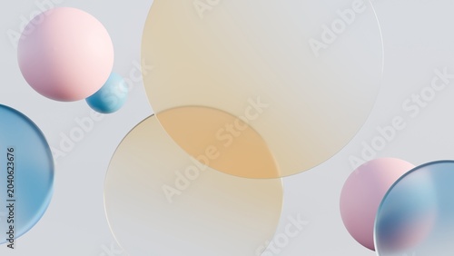 Valokuva Abstract 3D minimalist background with pastel spheres and overlapping translucent glass discs