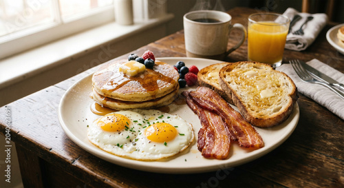 Luxury breakfast with pancakes crispy bacon fried eggs fresh berries and orange juice on table