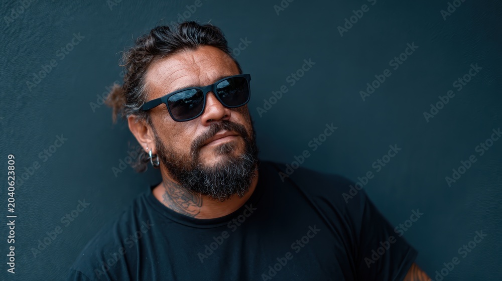 Obraz premium A charismatic man with a beard and sunglasses gives an alluring look against a deep blue wall, exuding coolness and confidence in a contemporary urban setting.