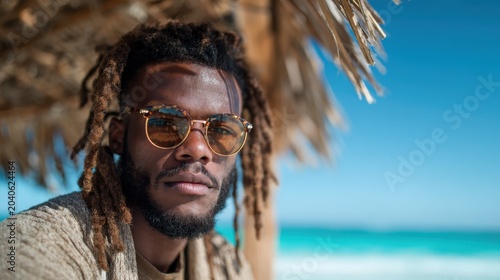 A captivating portrait of a man with sunglasses, exuding confidence and relaxation against a beautiful beach backdrop, capturing the essence of summer leisure and lifestyle.