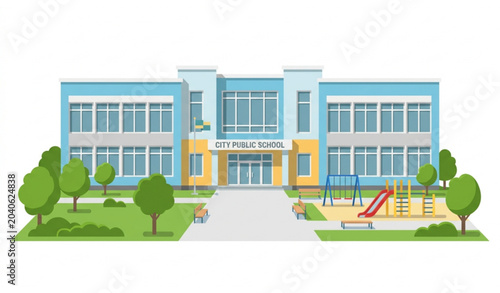 Cuadro en lienzo Modern School Building Facade with Schoolyard Front View Public Educational Inst