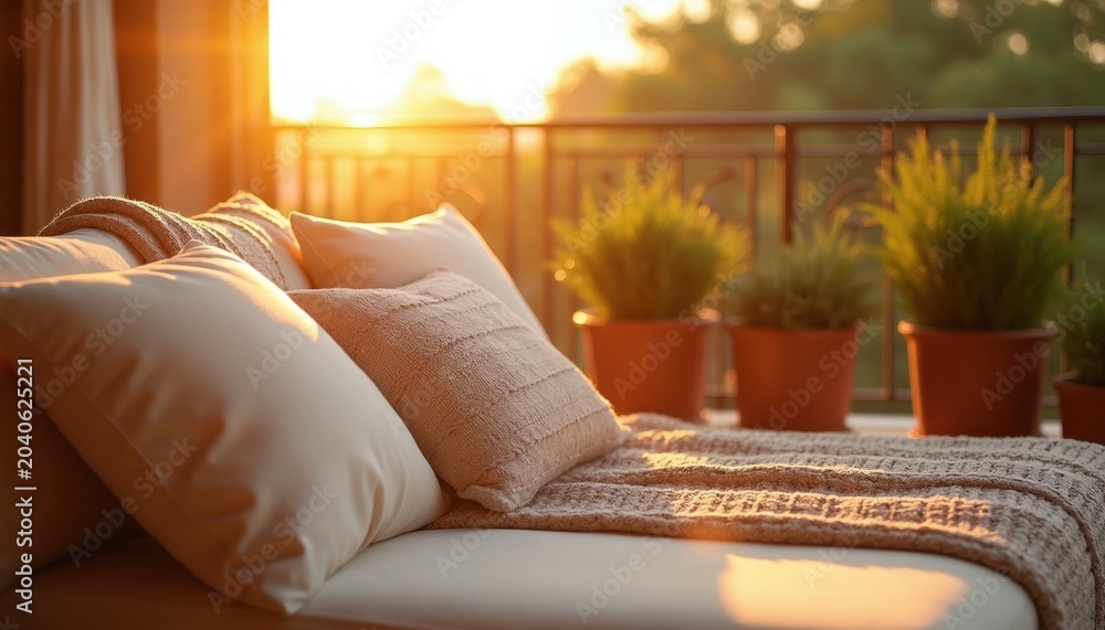 Naklejka premium Cozy balcony furniture with cushions and blanket enjoys warm sunset light. Potted green plants on railing create tranquil outdoor home space.