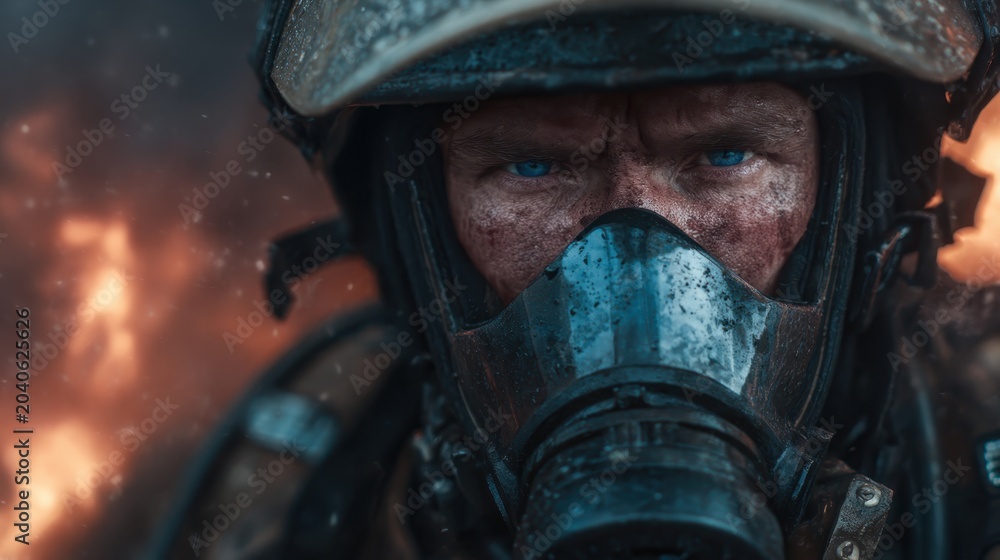 Fototapeta premium A dramatic portrait of a firefighter wearing a helmet and mask, capturing the determined gaze and grit of this brave individual amidst a backdrop of flames, showcasing heroism.