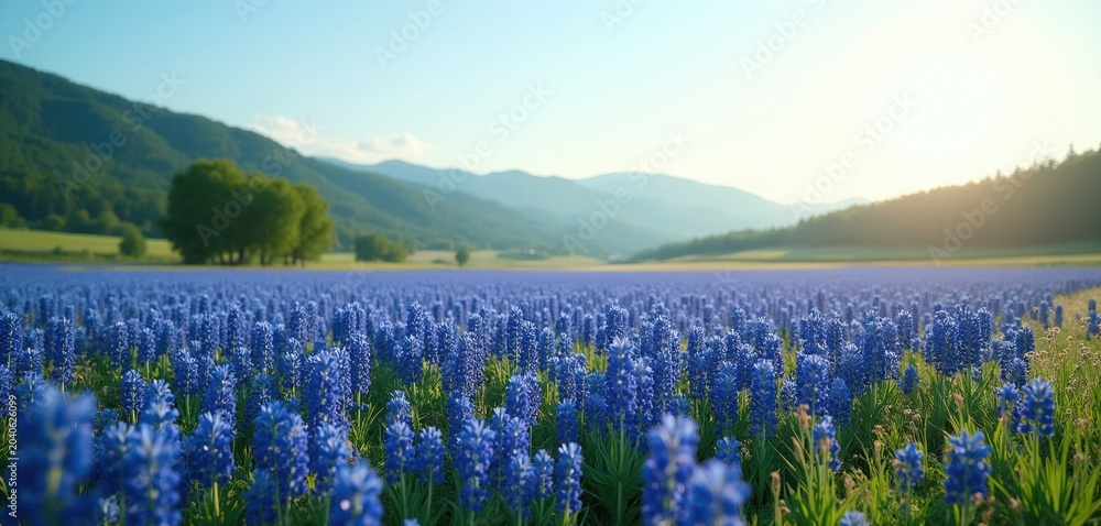 Fototapeta premium Vast field of blooming blue flowers stretches towards distant green hills under clear sky. Sunlit landscape features rich vegetation, tranquil natural setting. Rural beauty offers peaceful outdoor