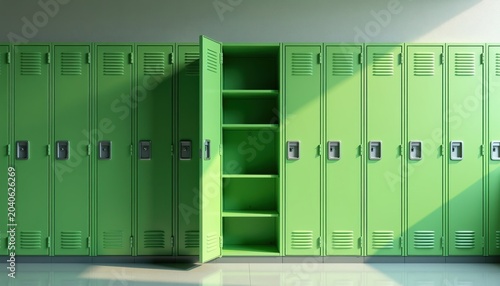 Row of bright green metal school lockers with one door open. Empty storage cabinets in clean hallway. Minimalist interior of educational facility, gym or sports club.