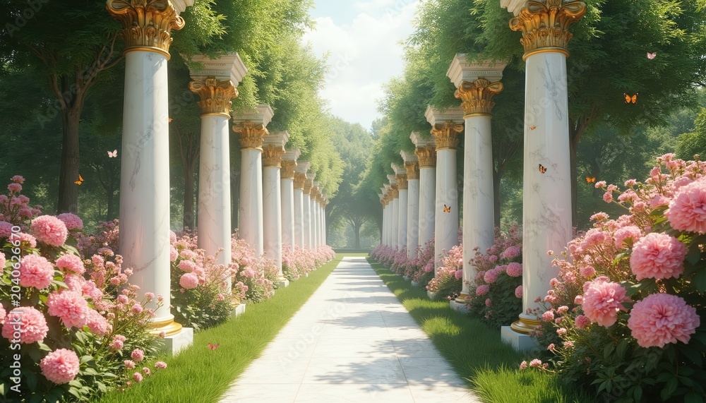 Obraz premium Marble columns with gold accents line a garden path. Pink flowers bloom beside grass. Butterflies fly around ornate pillars in lush green park setting. Peaceful, elegant nature scene.