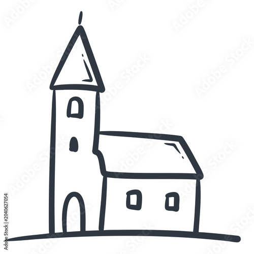 Simple black and white line art drawing of a classic small church building.