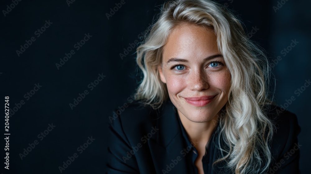 Fototapeta premium A confident, smiling blonde woman with wavy hair exudes warmth and approachability, showcasing her professional attire in a dark background, perfect for stock images.