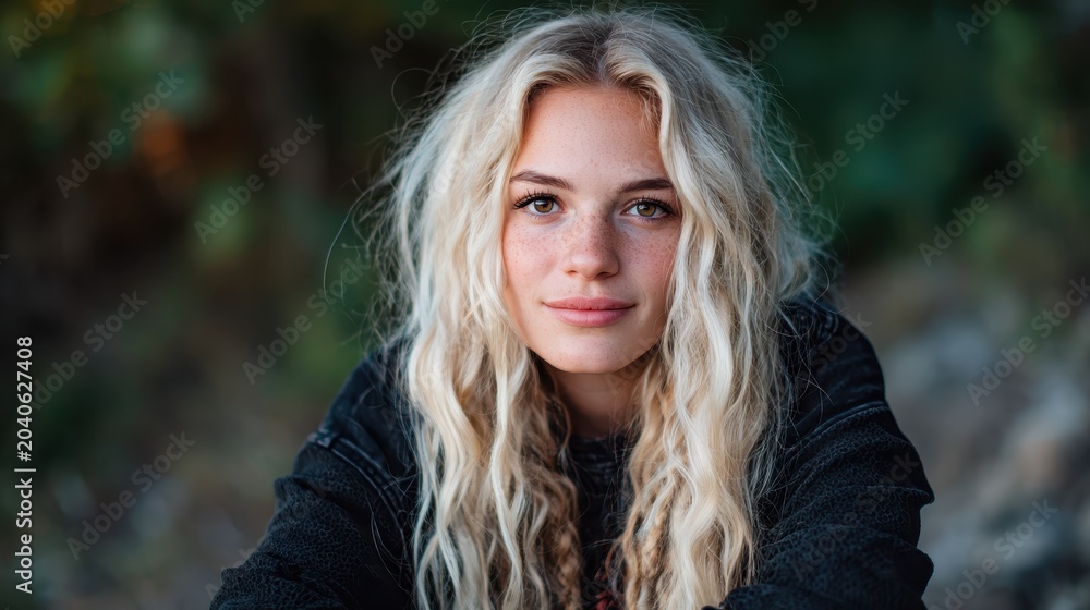 Naklejka premium A bright and cheerful portrait of a young woman with beachy waves, sitting outdoors with a soft smile that radiates warmth and positivity, evoking feelings of tranquility and freedom.