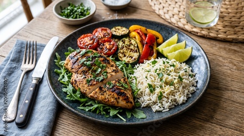 Grilled chicken with rice and vegetables on plate
