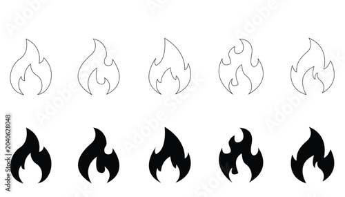 Tableau sur toile Fire flame icons set black silhouette and outline bonfire symbols vector illustr