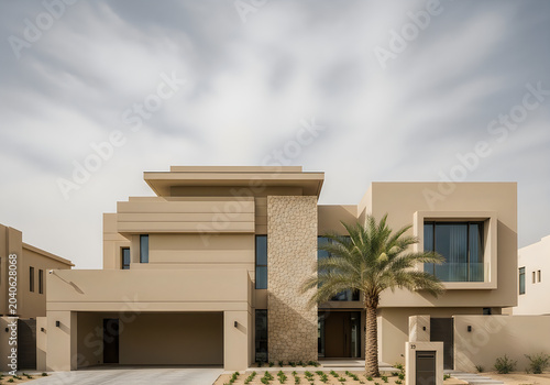 Modern twostory beige house with palm tree and garage  suburban home exterior
