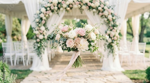 Elegant Wedding Ceremony Arch Decorated with Roses and Greenery.