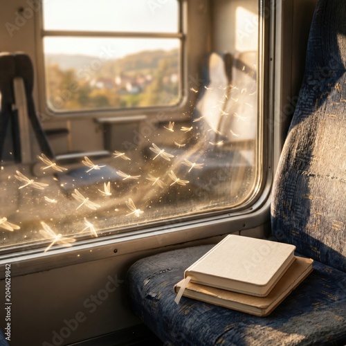 Dragonflies flying past train window with books on seat, scenic travel