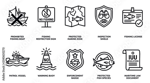 фотографія Illegal Fishing Control and Ocean Law Enforcement Line Icons