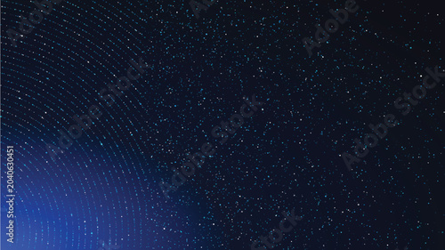 Abstract digital background with glowing blue particles and circular light waves, representing technology and data flow