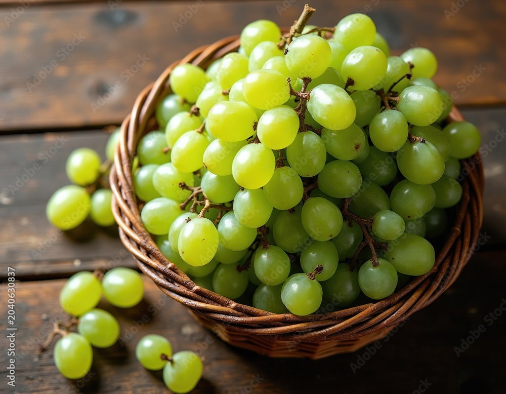 Fototapeta premium Fresh green grapes fill a woven basket on a dark wooden surface. Some loose grapes lie scattered nearby on the table. This abundance of ripe fruit looks delicious and healthy.