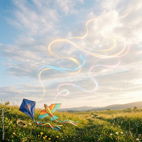 Flying colorful kites on a sunny day in a green meadow with blue sky and clouds