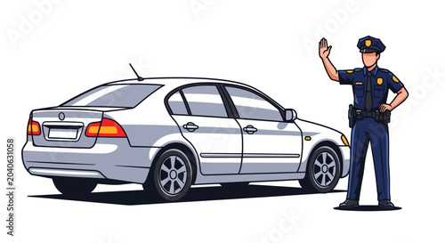 Police officer signaling car to stop in cartoon style illustration