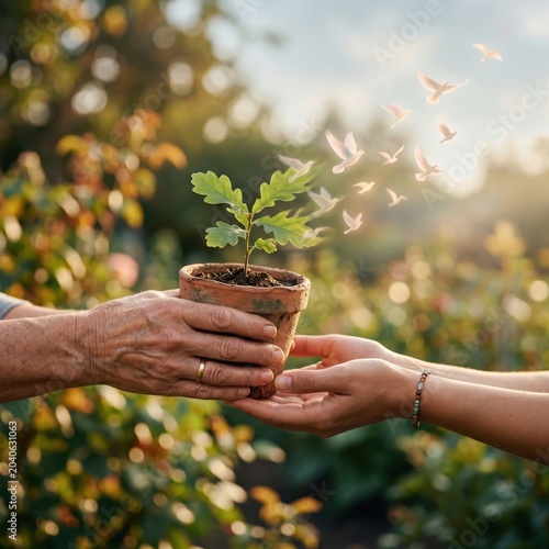 Hands passing small oak tree seedling in terracotta pot with doves flying