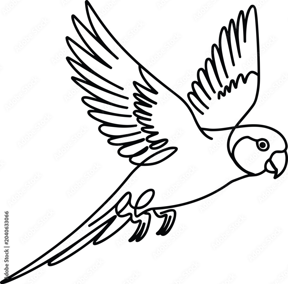 Fototapeta premium Parrot in flight minimalist line art single continuous stroke white background stock illustration