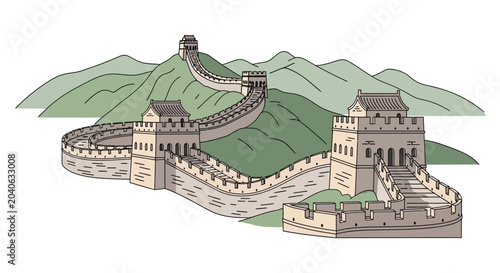 Illustration of the Great Wall of China with Mountain Background