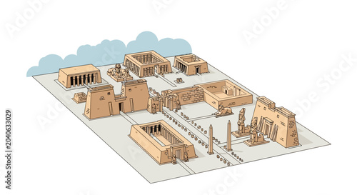 Isometric illustration of ancient Egyptian temple complex architecture