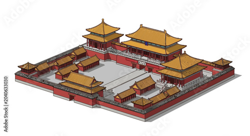 Isometric illustration of traditional Asian palace architecture