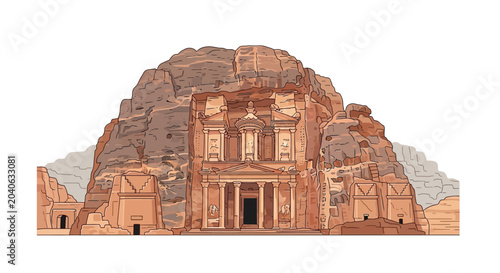 Vector illustration of Petra's Al Khazneh in Jordan with rocky landscape