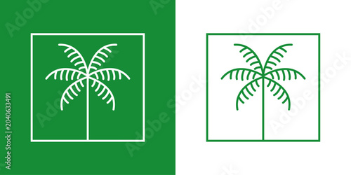 Logo paraíso tropical. Dibujo minimalista con líneas de una palmera en un cuadrado en colores verde y blanco 