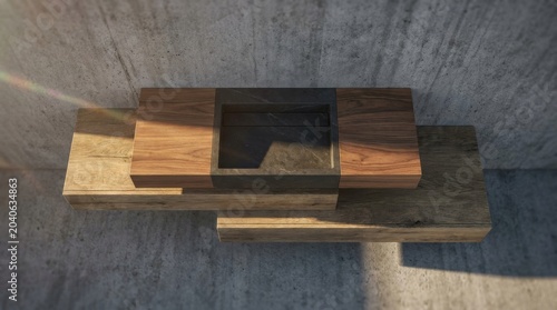 Modern minimalist bathroom vanity with black stone sink and walnut wood countertop mounted on rustic timber shelves against a concrete wall under warm natural sunlight.
