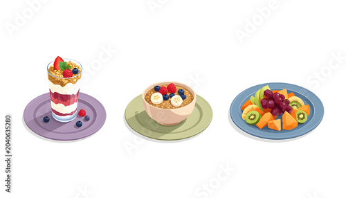 Colorful Plates of Food with Dessert, Oatmeal, and Fruit