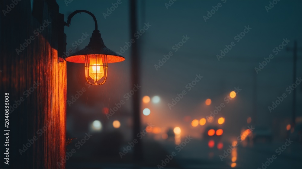 Fototapeta premium Vintage street lamp illuminating a rainy evening with blurred city lights and a moody atmosphere, creating a nostalgic urban scene