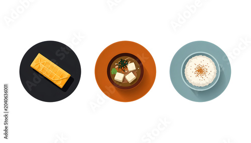 Flat Design Food Plates with Cheese Roll Sushi and Coffee