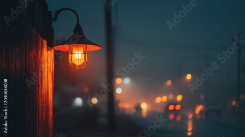 Vintage street lamp illuminating a rainy evening with blurred city lights and a moody atmosphere, creating a nostalgic urban scene