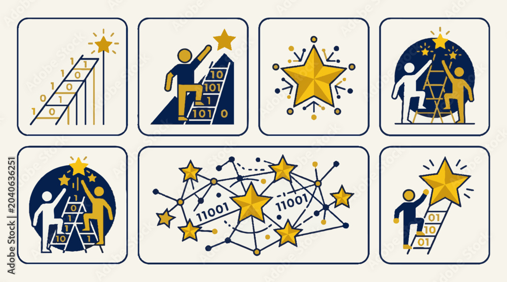 Fototapeta premium Set of abstract icons featuring success and career growth symbols with binary code and stars.