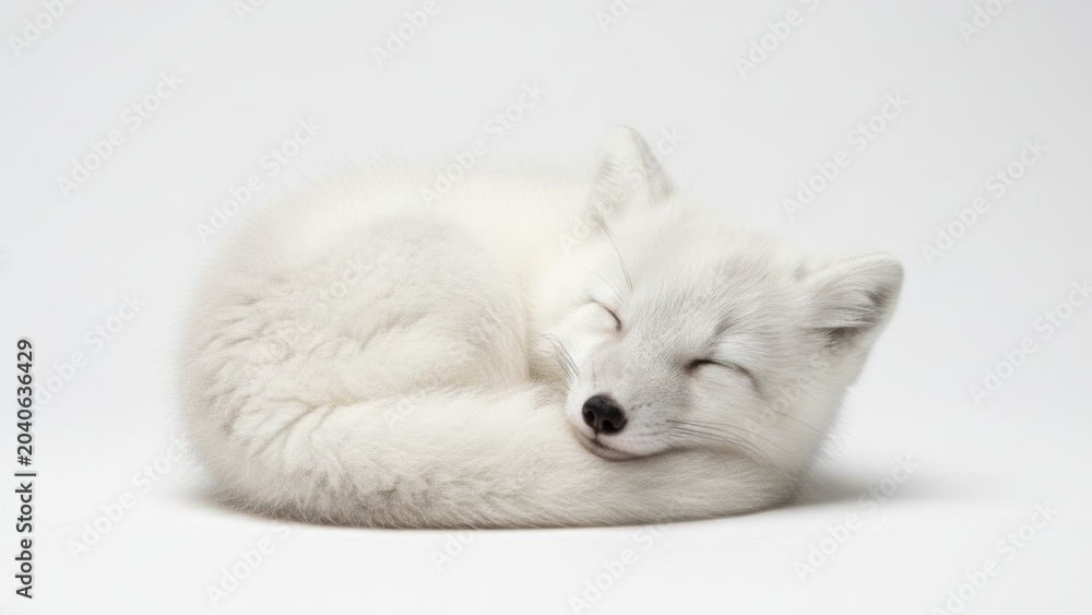 Naklejka premium Sleeping Arctic Fox Curled in Soft White Fur on Clean White Background