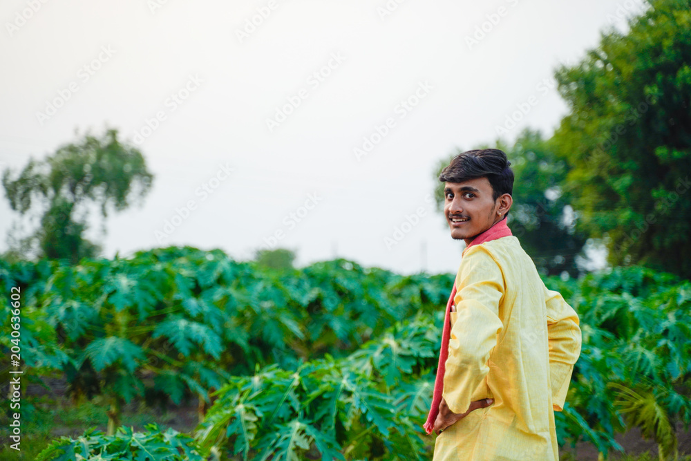 Naklejka premium Young Indian farmer standing confidently in a green papaya field
