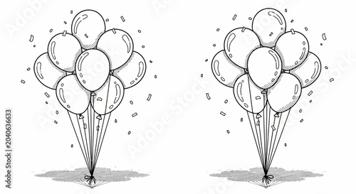 Photos Two identical black and white line art illustrations of balloon bouquets with confetti