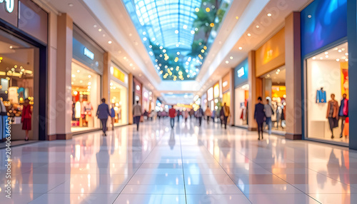 Busy shopping mall interior with blurred shoppers walking down a bright, modern corridor lined with storefronts, commercial consumerism, retail experience