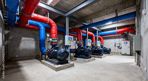 Large HVAC plant interior, insulated piping network, modern machinery.