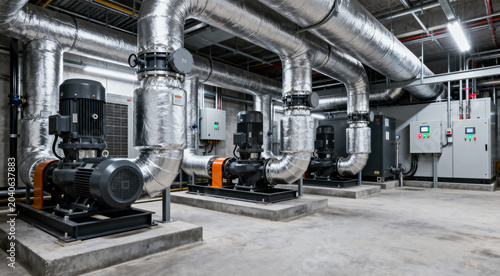 Modern HVAC facility interior, circulation pumps, steel pipes, industrial lighting.