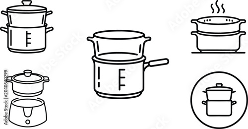 Photos Kitchen Food Steamer Pan Line Art Vector Icon Set with Double Boiler Pots and Co