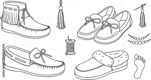Cuadro en lienzo Moccasins and Slipper Shoes Line Art Vector Set with Fringe Tassel Thread and Fo