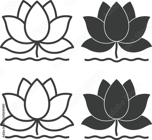 Lotus Flower Icons Outline and Filled on Water Vector Graphics