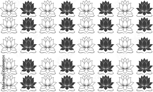 Lotus Flower Pattern Repeating Rows Black White Outline Decorative Graphic Design